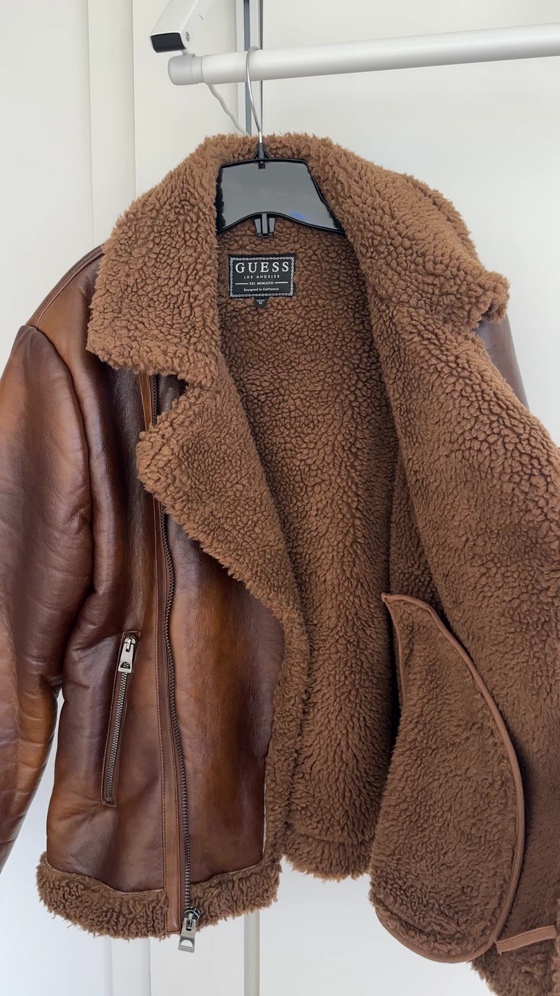 Guess Brown Faux Leather Fleece Lined Aviator Jacket - photo 4