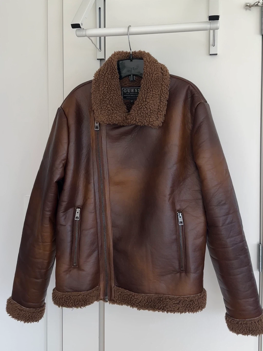 Guess Brown Faux Leather Fleece Lined Aviator Jacket - photo 2
