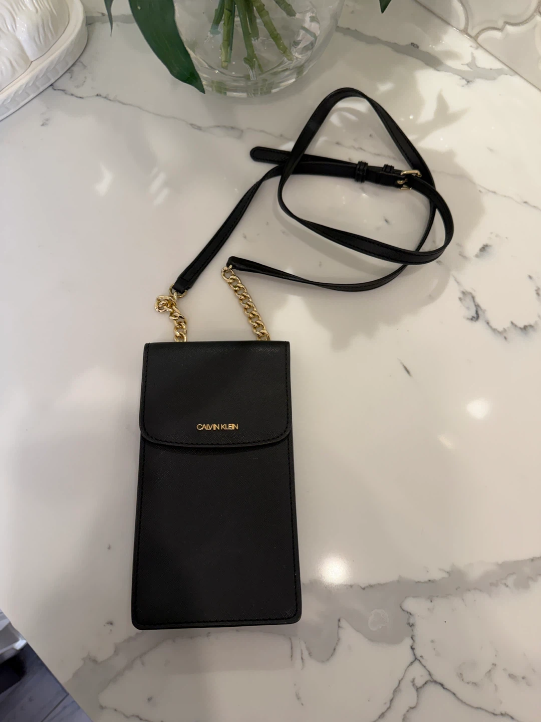Calvin Klein Black Saffiano Leather Phone Crossbody Bag