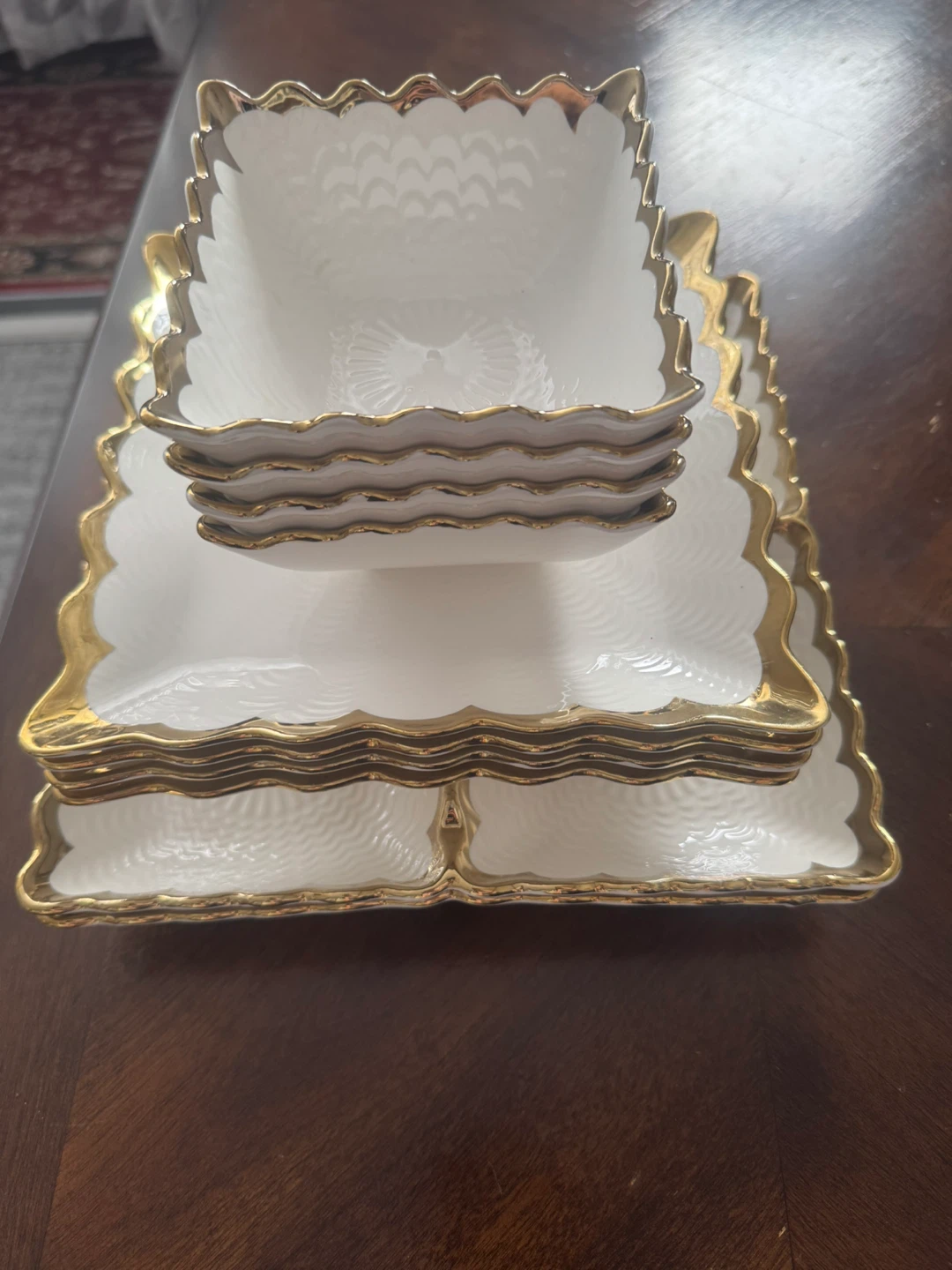 White Porcelain Serving Dish Set with Gold Trim