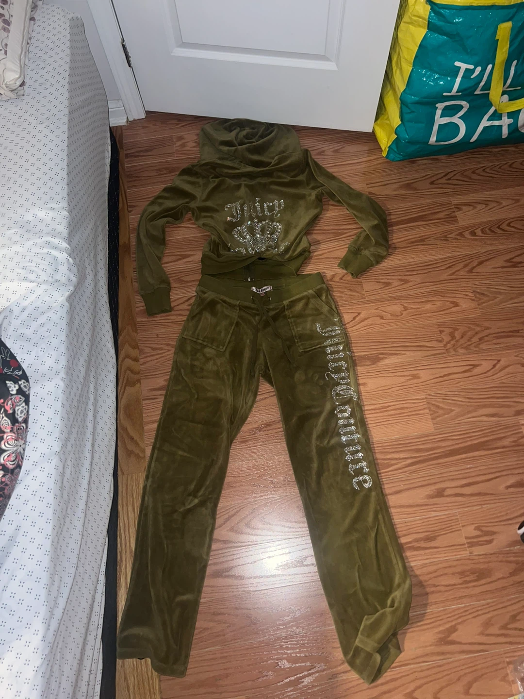 Juicy Couture Velour Tracksuit Set Olive Green