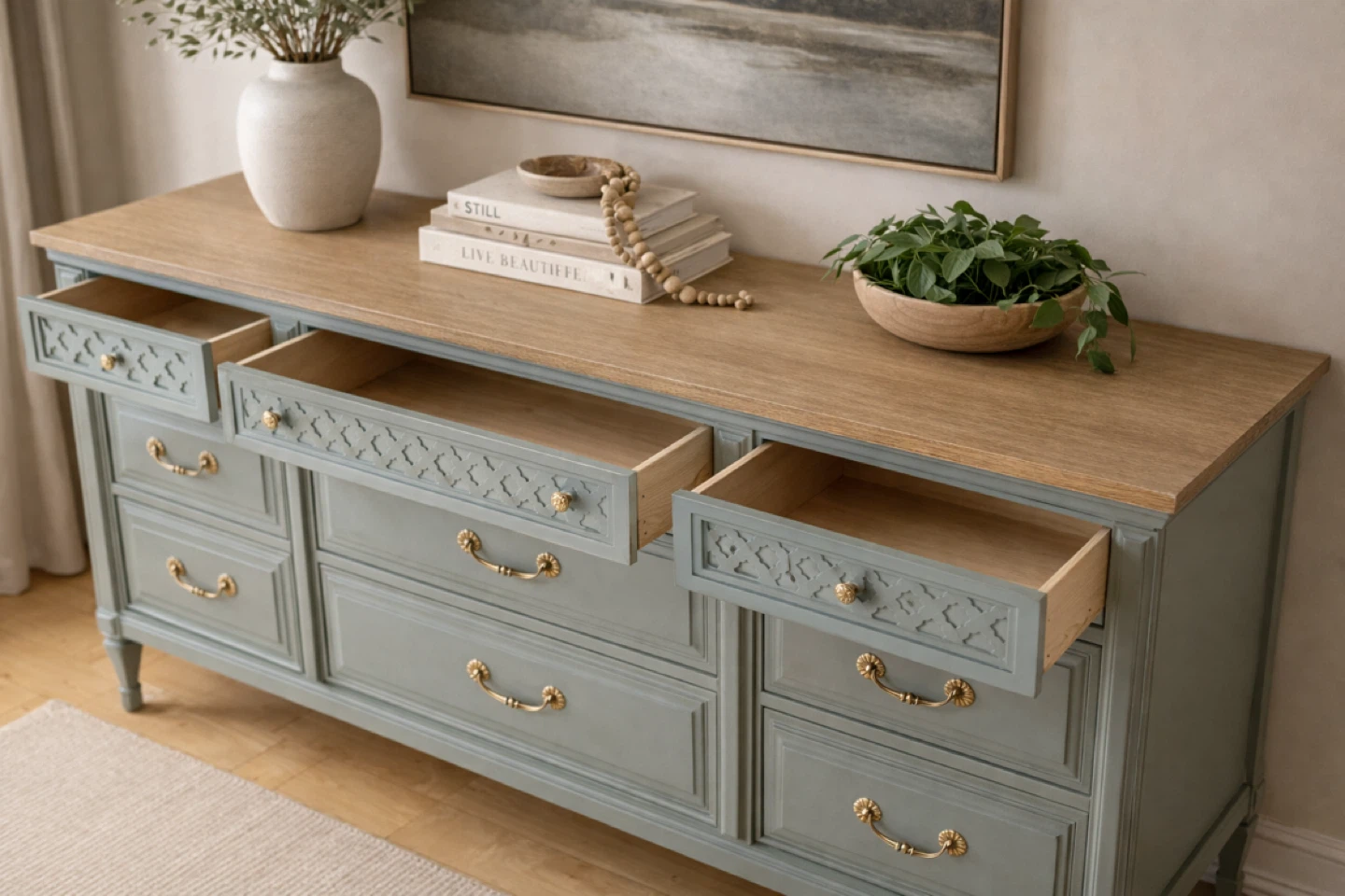 ✨ Olive Toned Solid Wood Dresser with Brass Details ✨ - photo 3