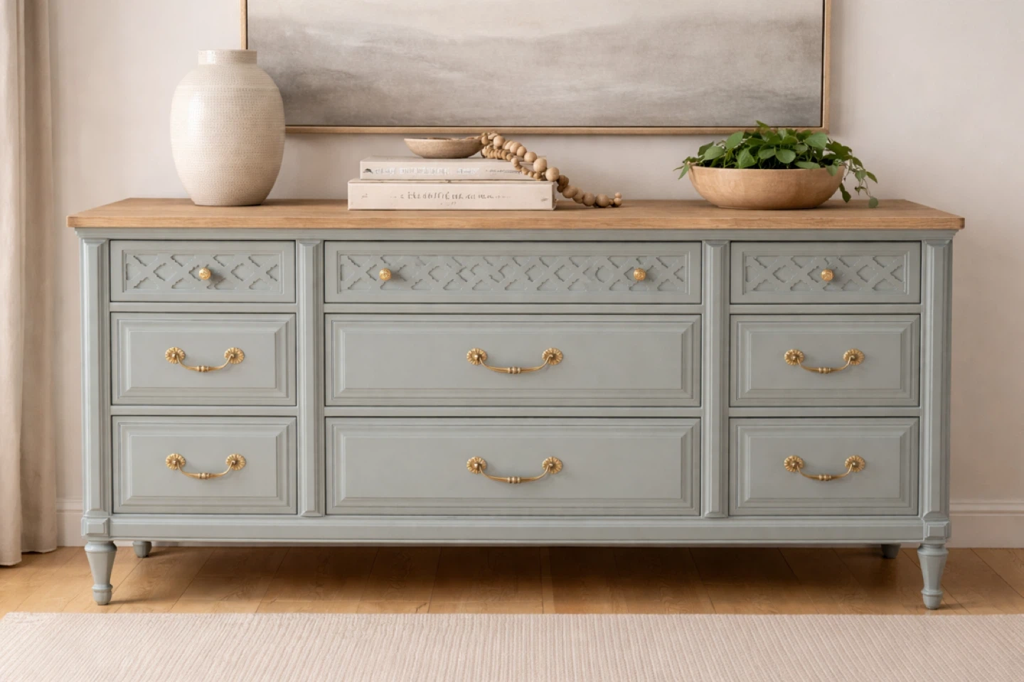 ✨ Olive Toned Solid Wood Dresser with Brass Details ✨