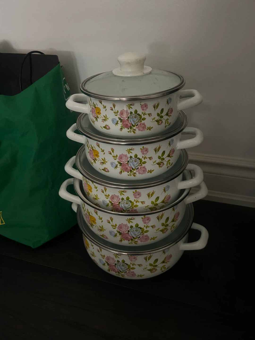 Set of 4 Vintage Enamel Floral Pots with Lids
