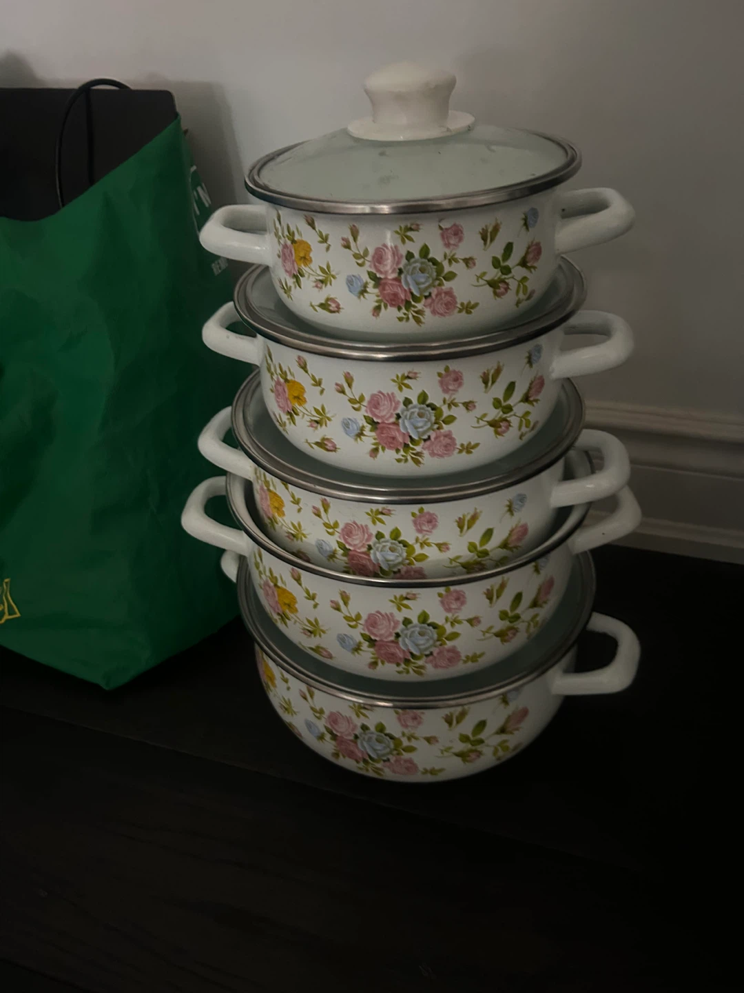 Set of 4 Vintage Enamel Floral Pots with Lids - photo 2