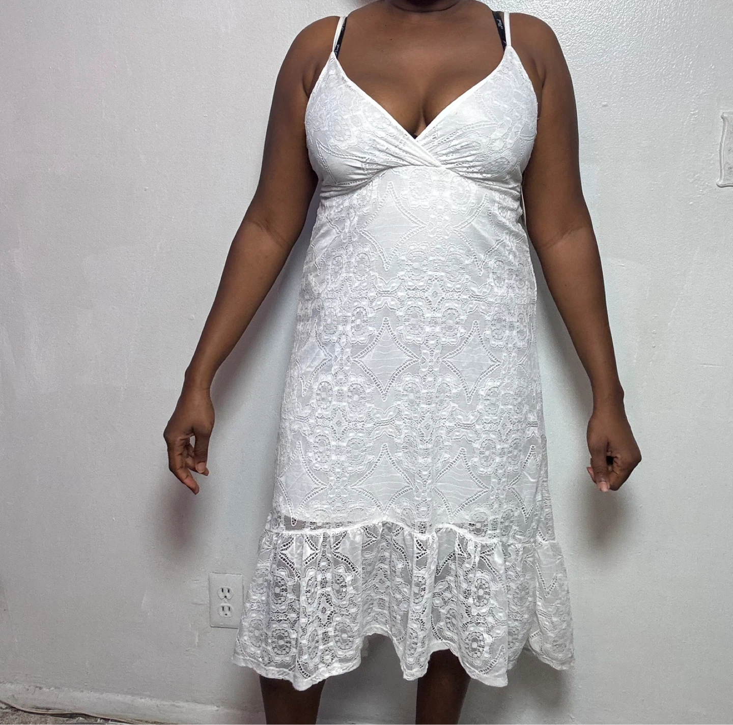 White Lace Spaghetti Strap Midi Dress