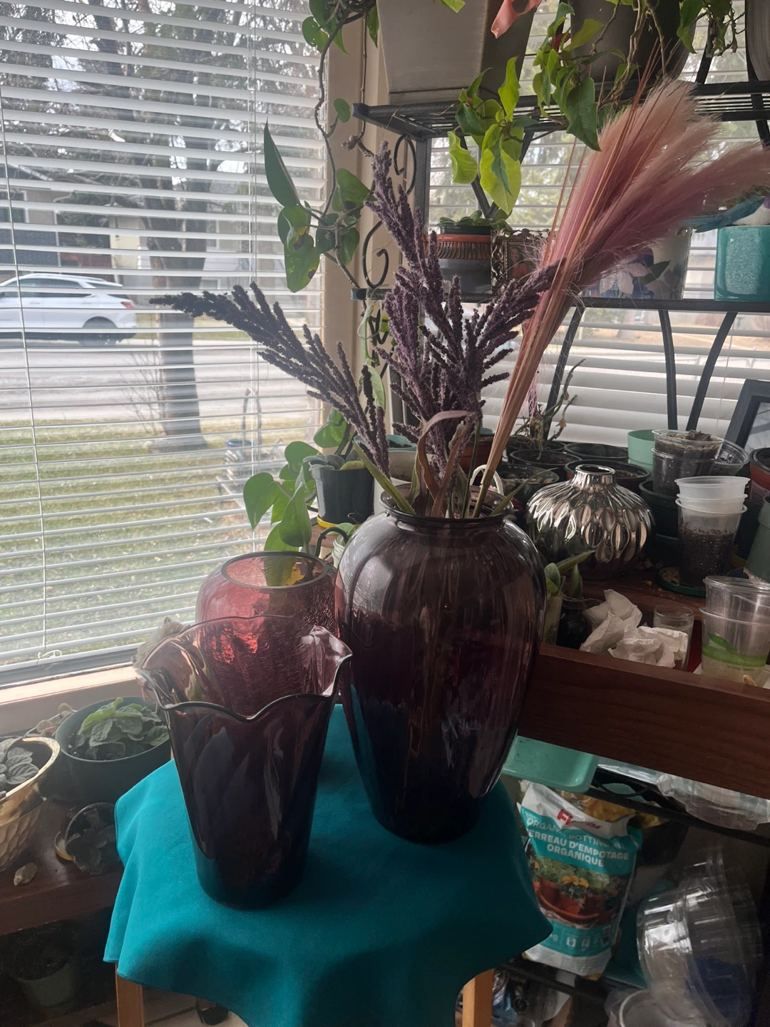 Collection of Three Plum Glass Vases