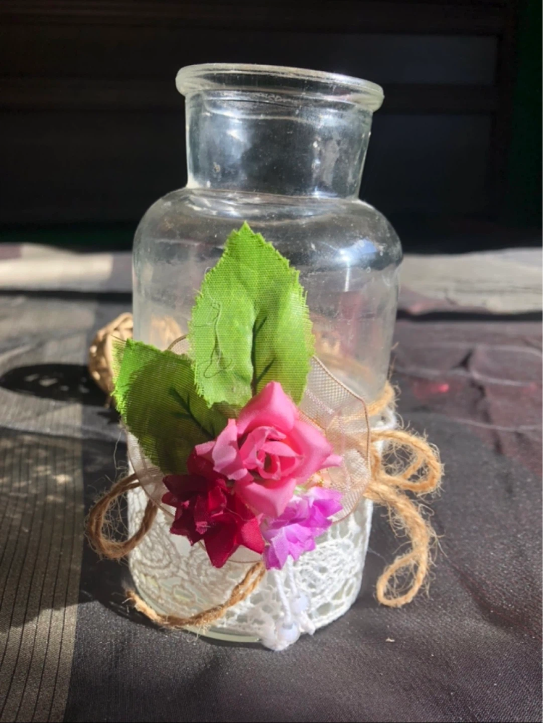 Decorative Glass Vase with Flowers and Lace