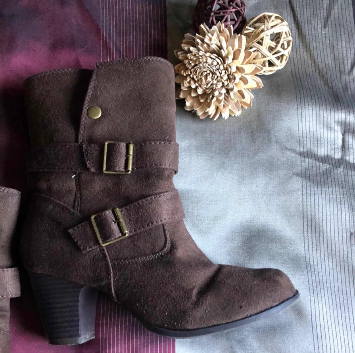Brown Faux Suede Buckle Ankle Boots - photo 2