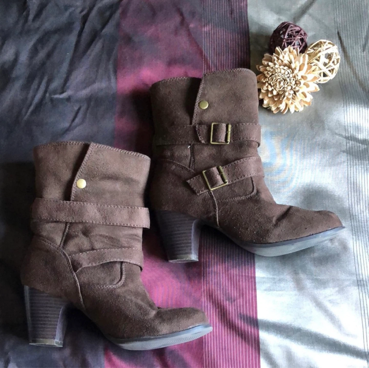 Brown Faux Suede Buckle Ankle Boots