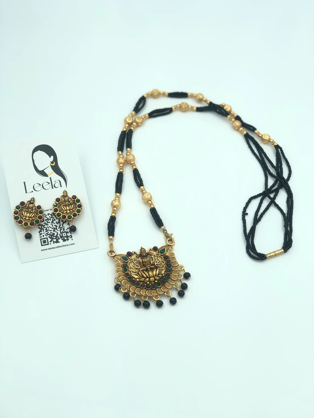 Oxidised Gold Tone Mangalsutra Necklace and Earring Set