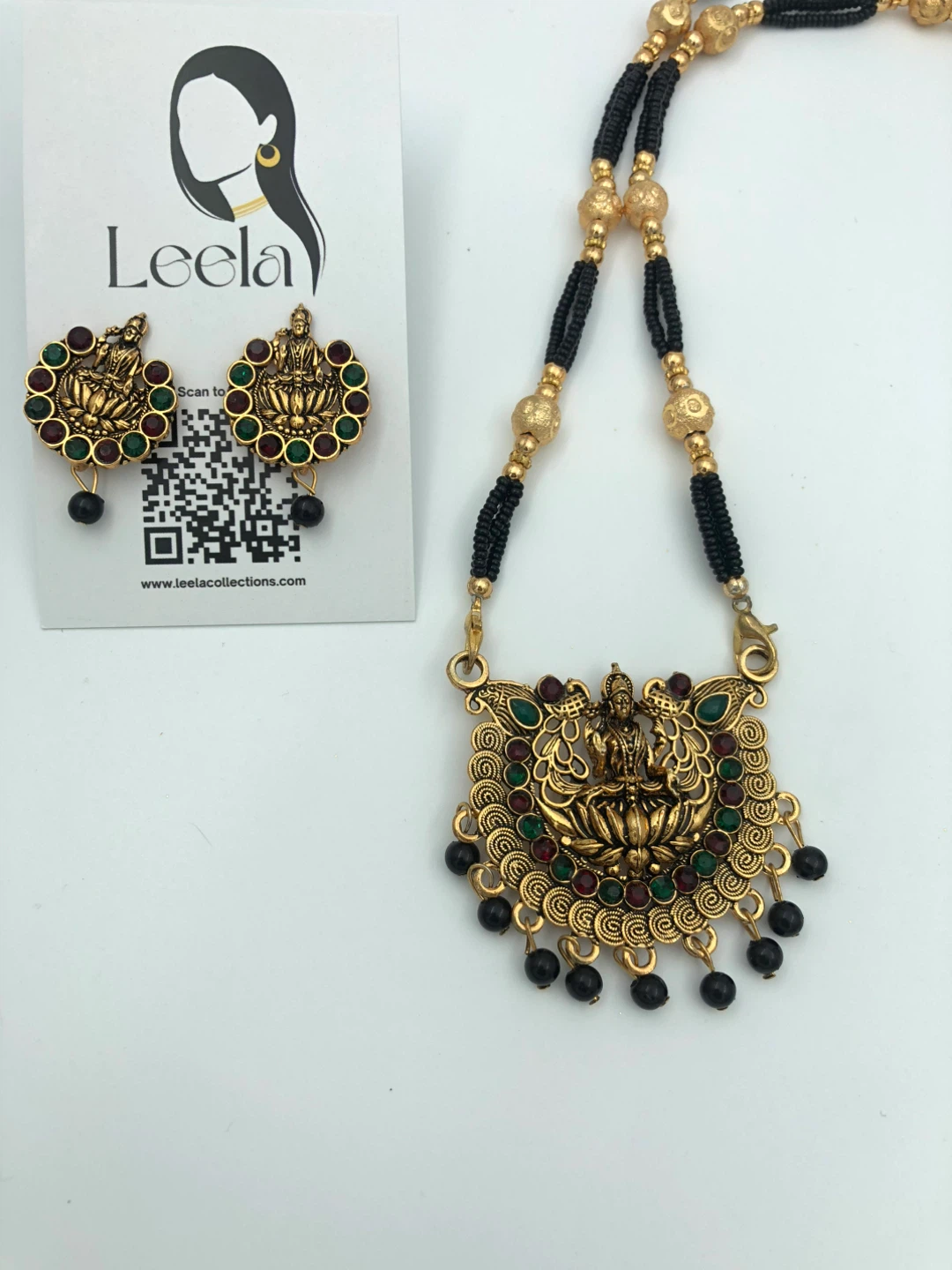 Oxidised Gold Tone Mangalsutra Necklace and Earring Set - photo 2