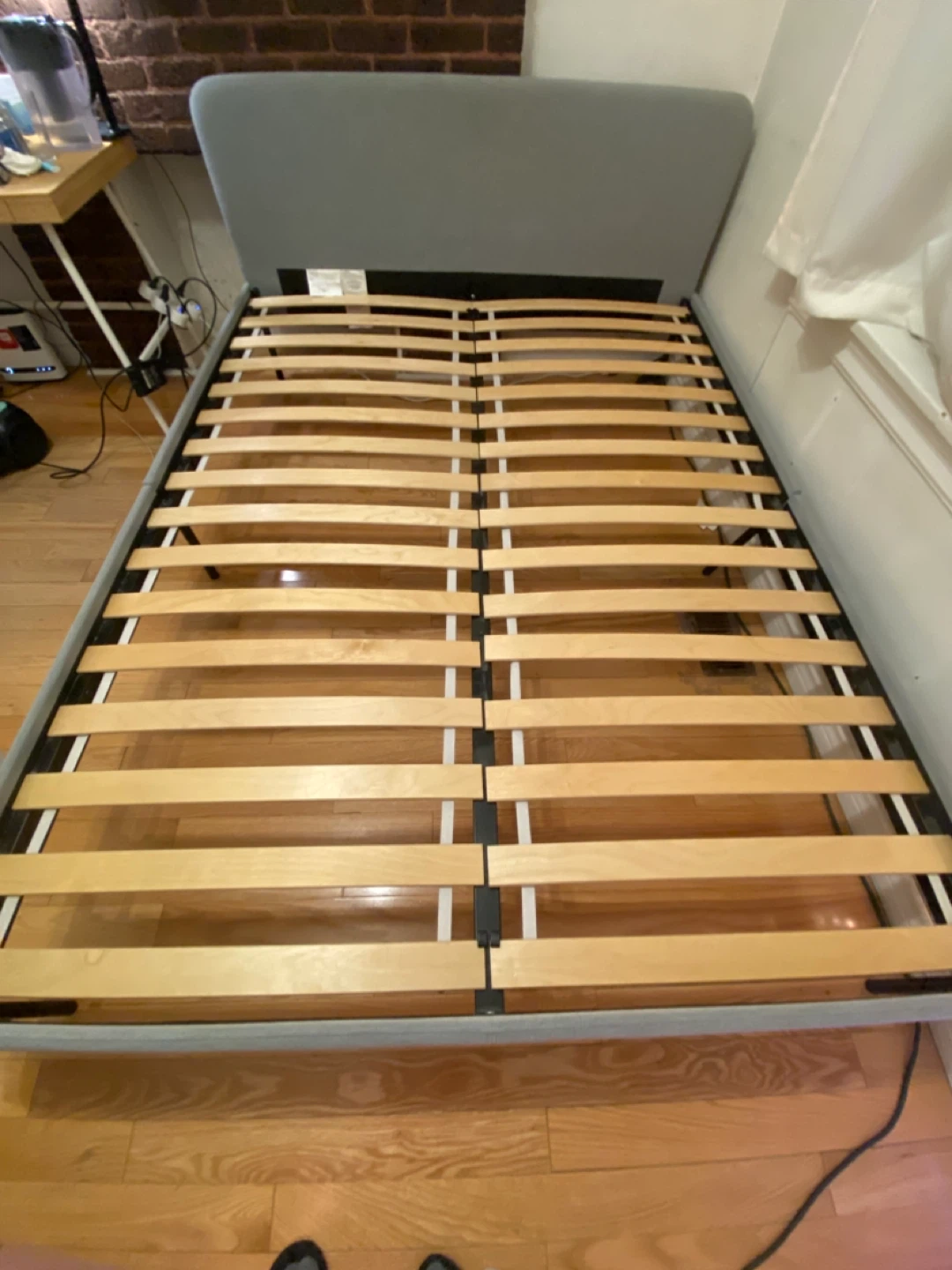 Grey Upholstered Bed Frame with Wooden Slats