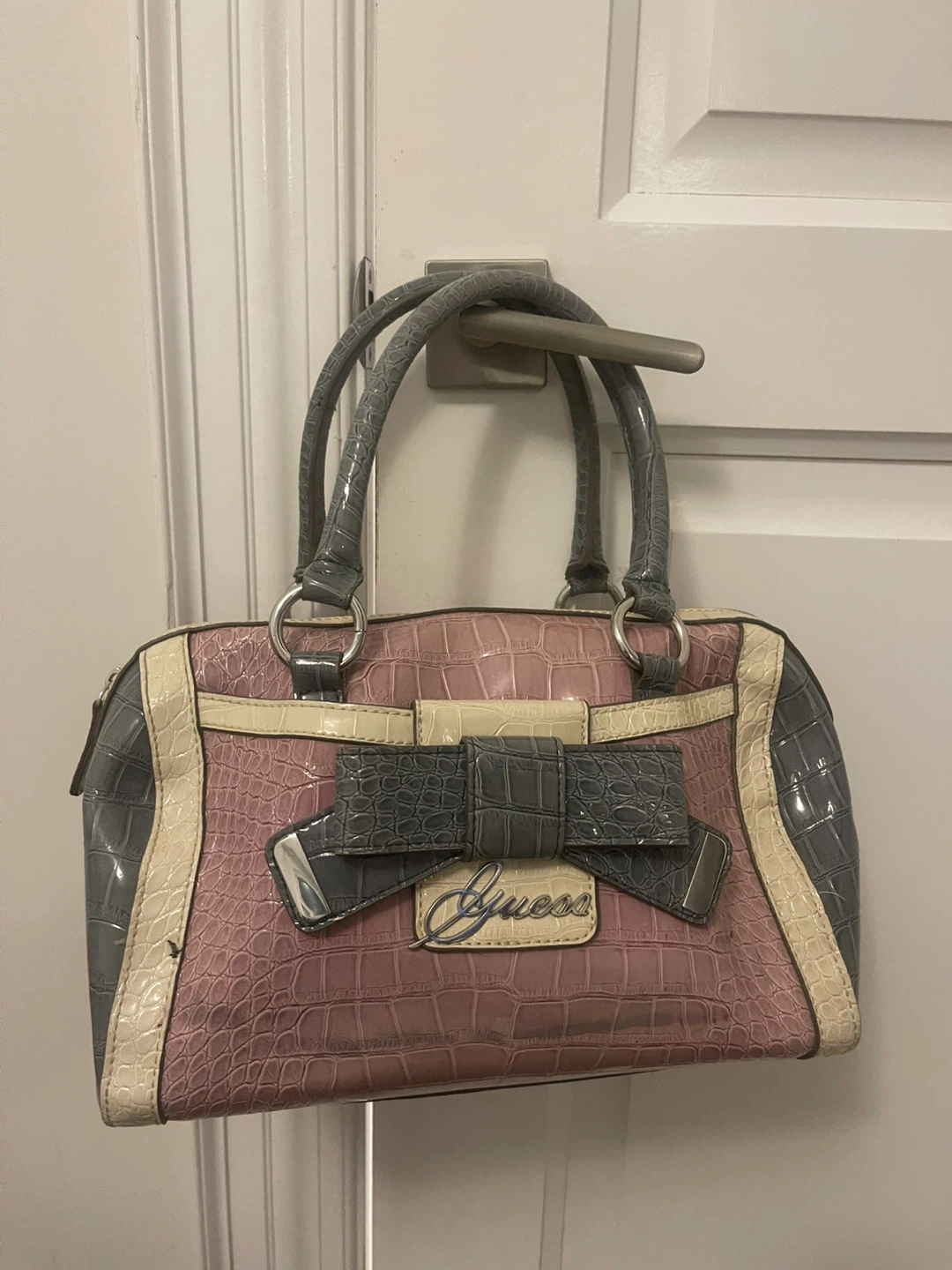 Guess Croc Embossed Satchel Bag Pink Grey