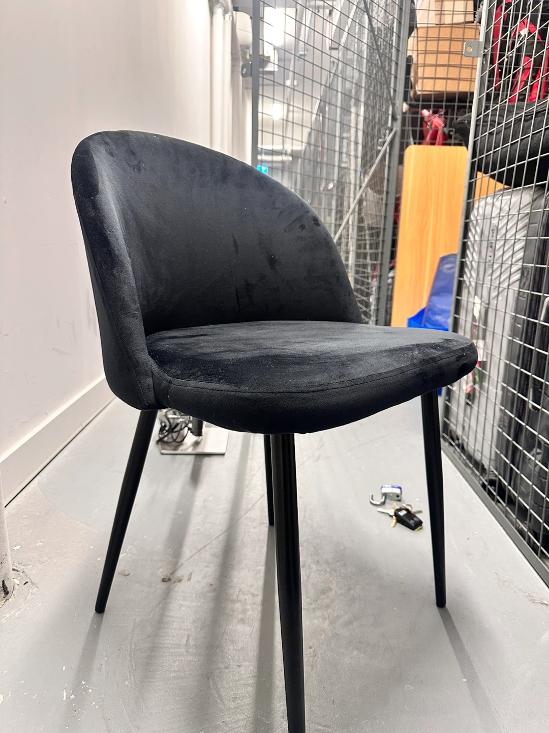 Two Black Velvet Chairs with black metal base