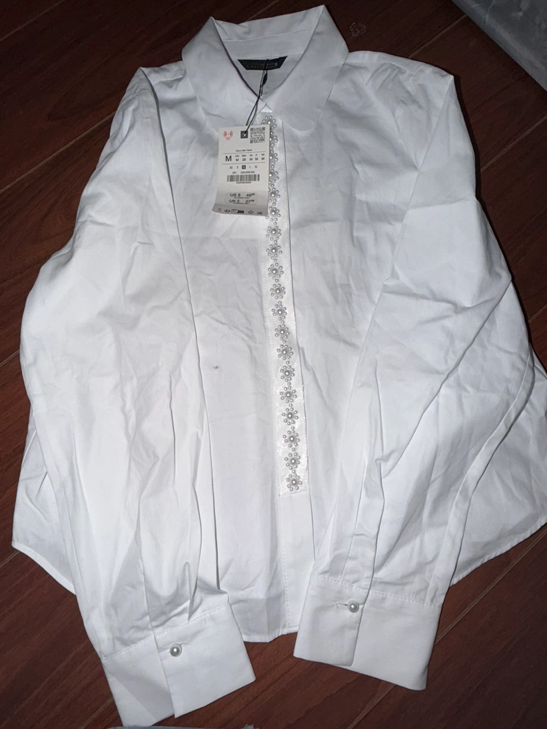 Zara Embellished Collared Shirt - White - Size M