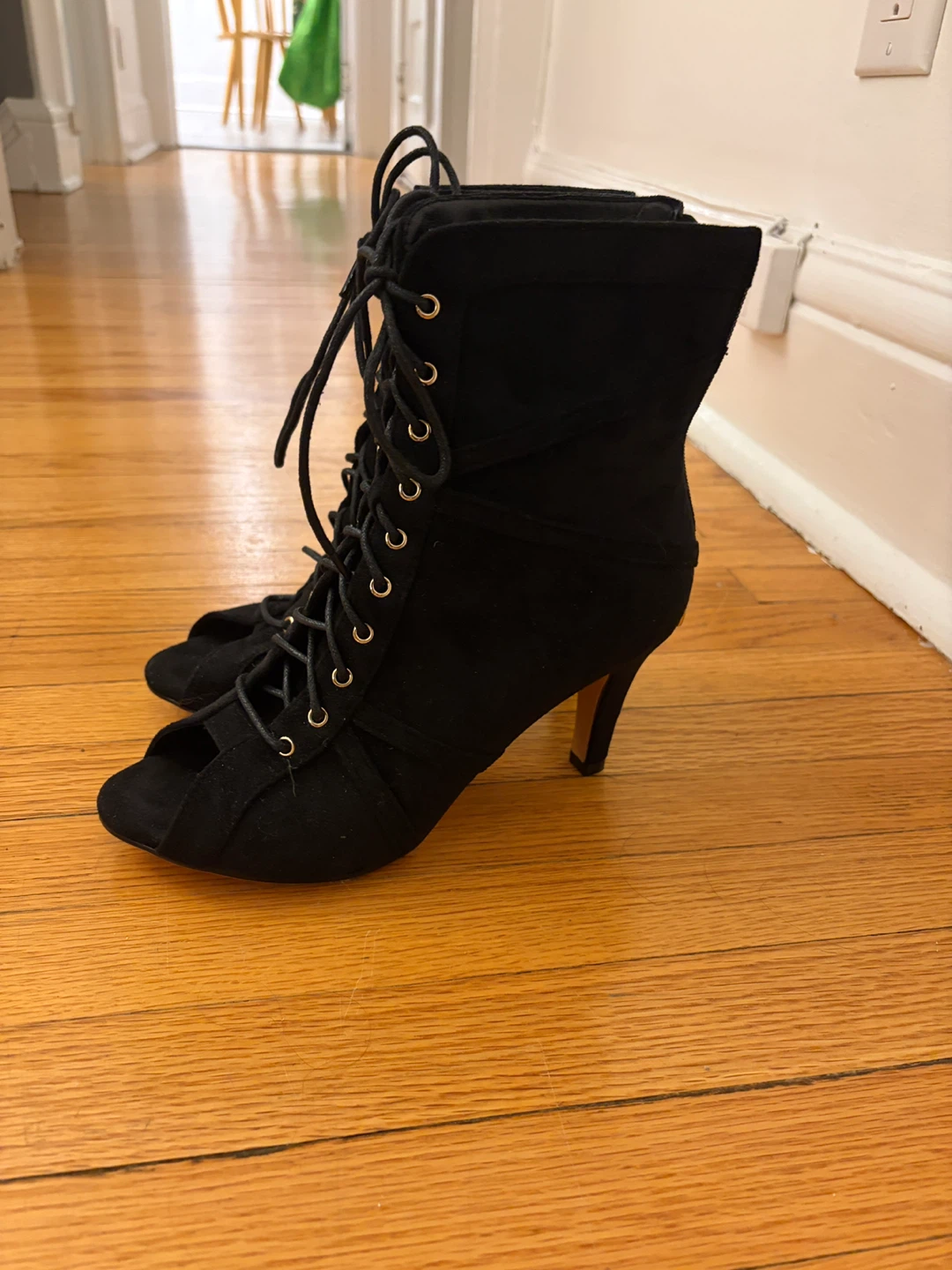 3 Inch Black Suede Lace-Up Peep Toe Dance Heels - photo 3