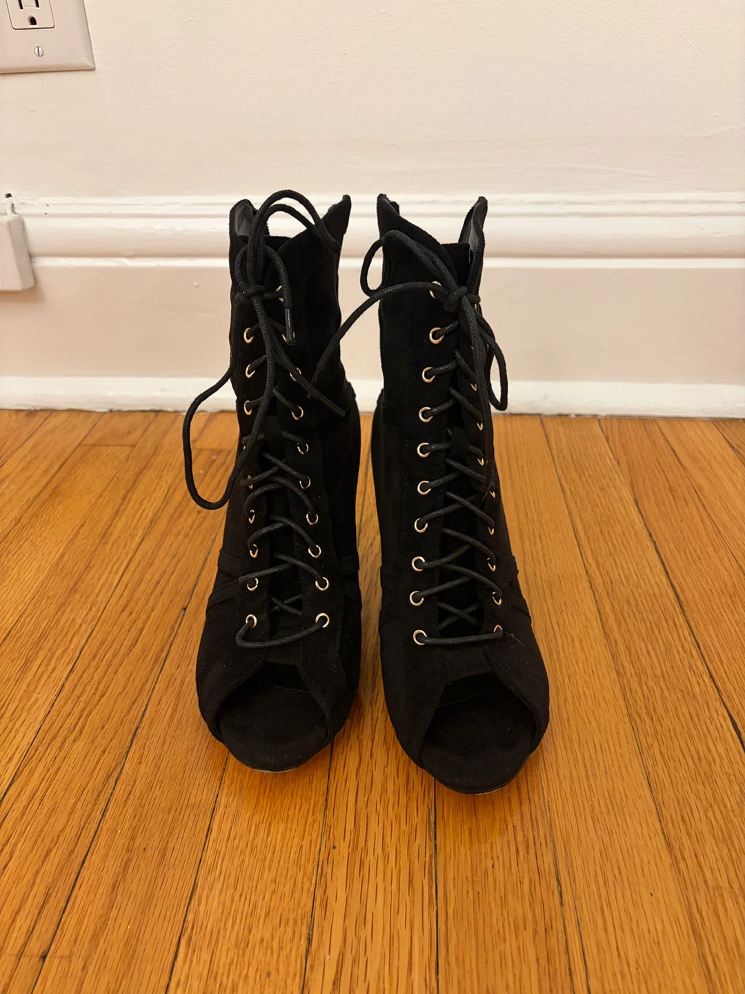 3 Inch Black Suede Lace-Up Peep Toe Dance Heels - photo 2