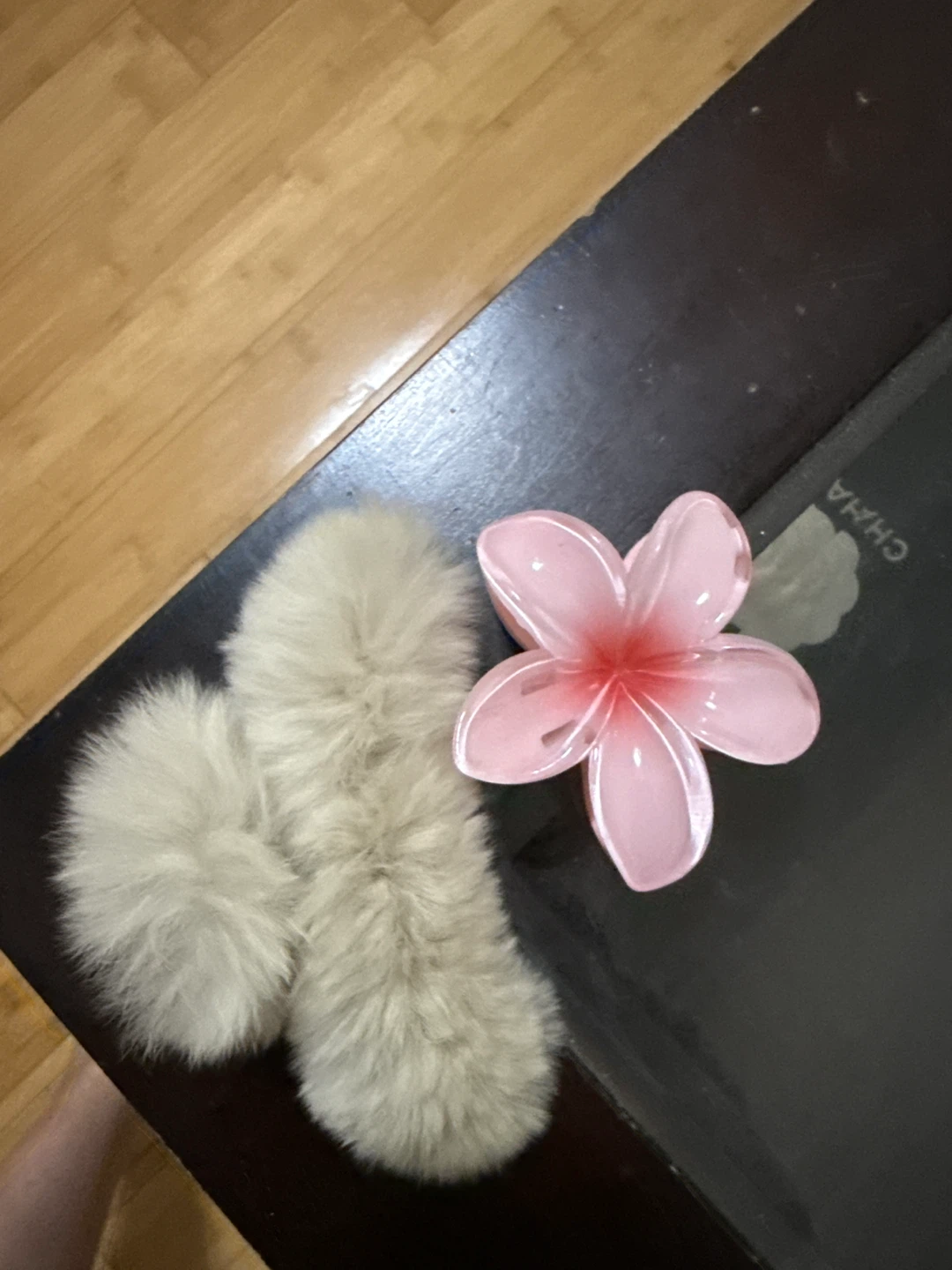 Cream Faux Fur Tail Keychain & Pink Flower Charm