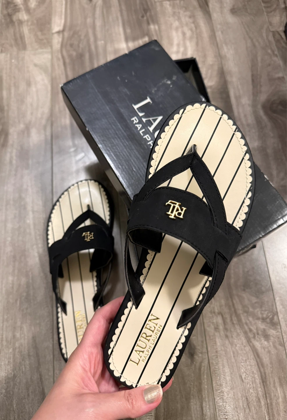 Lauren Ralph Lauren Black Striped Flip Flops