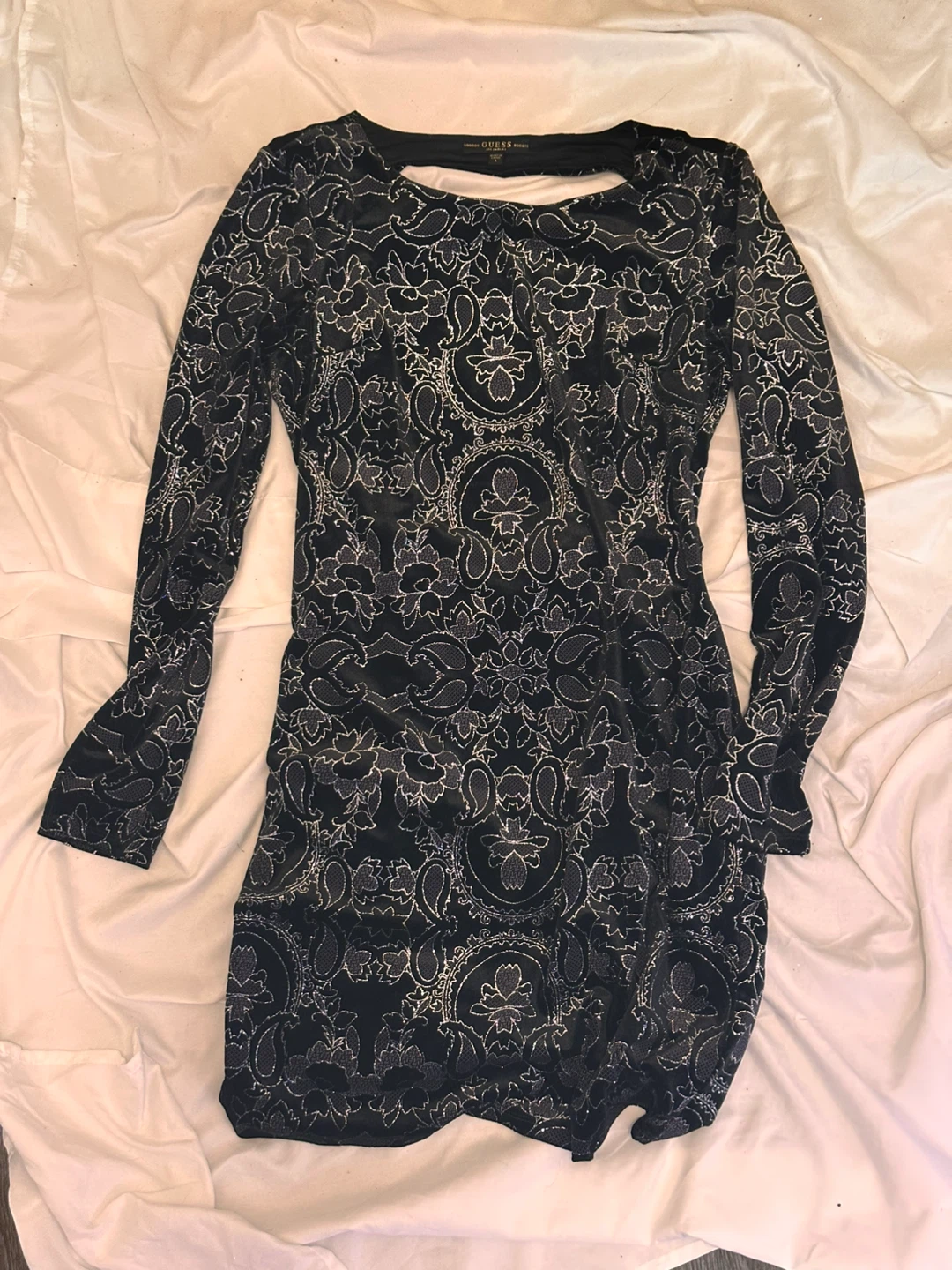 Guess Black & Silver Print Long Sleeve Dress Size L