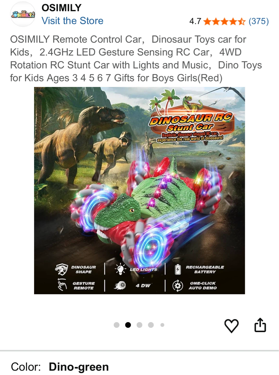 OSIMILY Dino-green Remote Control Dinosaur Stunt Car - photo 2