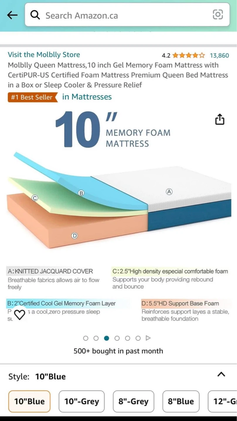 Molblly Queen 10" Gel Memory Foam Mattress - Blue - photo 2