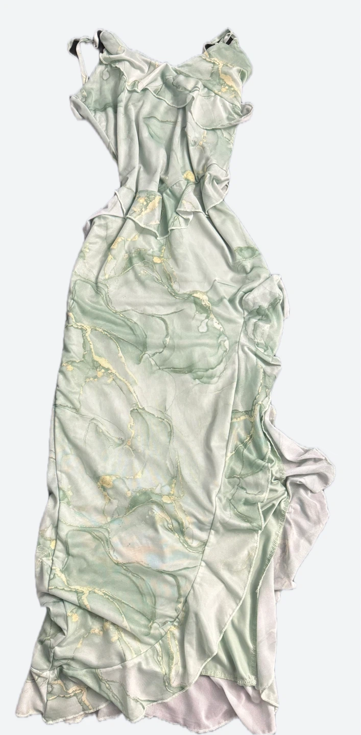 Light Green Marble Print Ruffle Dress