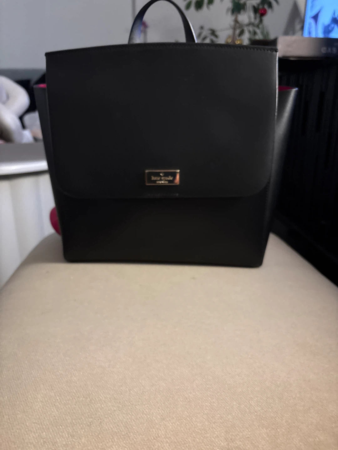 Kate Spade Black Leather Mini Backpack with Pink Interior