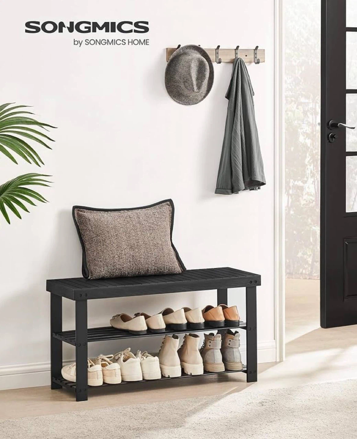 SONGMICS 3-Tier Shoe Rack Bench - Black