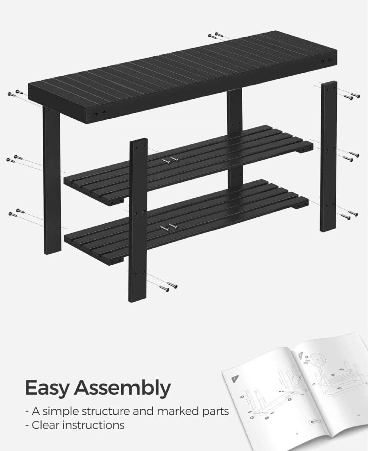 SONGMICS 3-Tier Shoe Rack Bench - Black - photo 4
