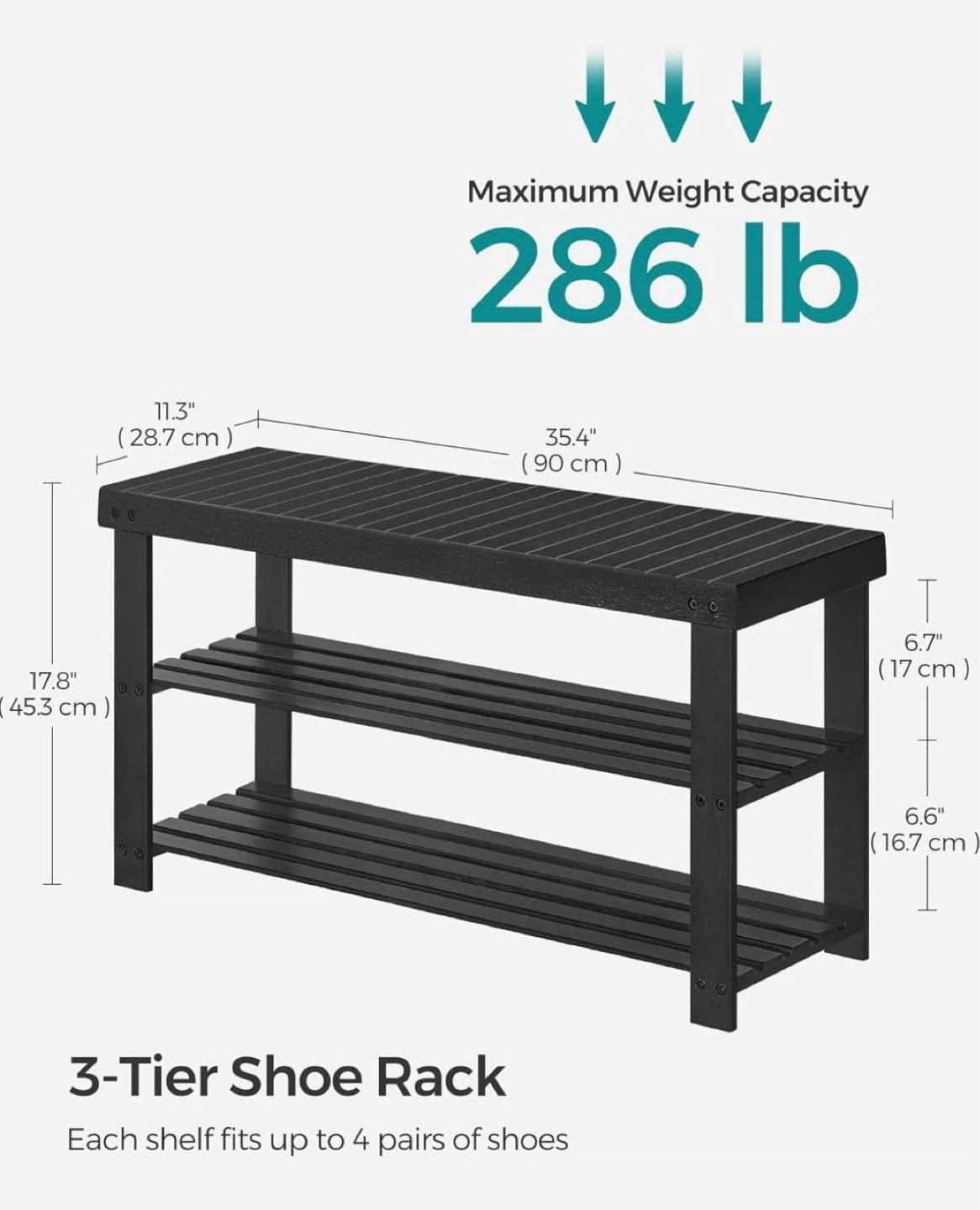 SONGMICS 3-Tier Shoe Rack Bench - Black - photo 3