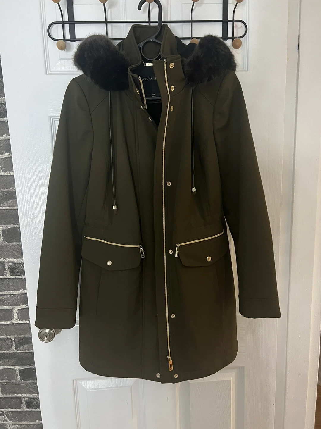 Ivanka Trump Women's Olive Green Hooded Parka with Faux Fur Trim