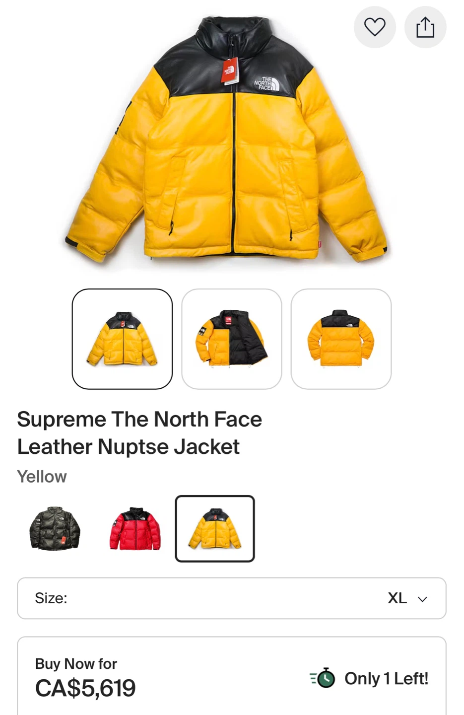 Supreme The North Face Leather Nuptse Jacket XL Yellow