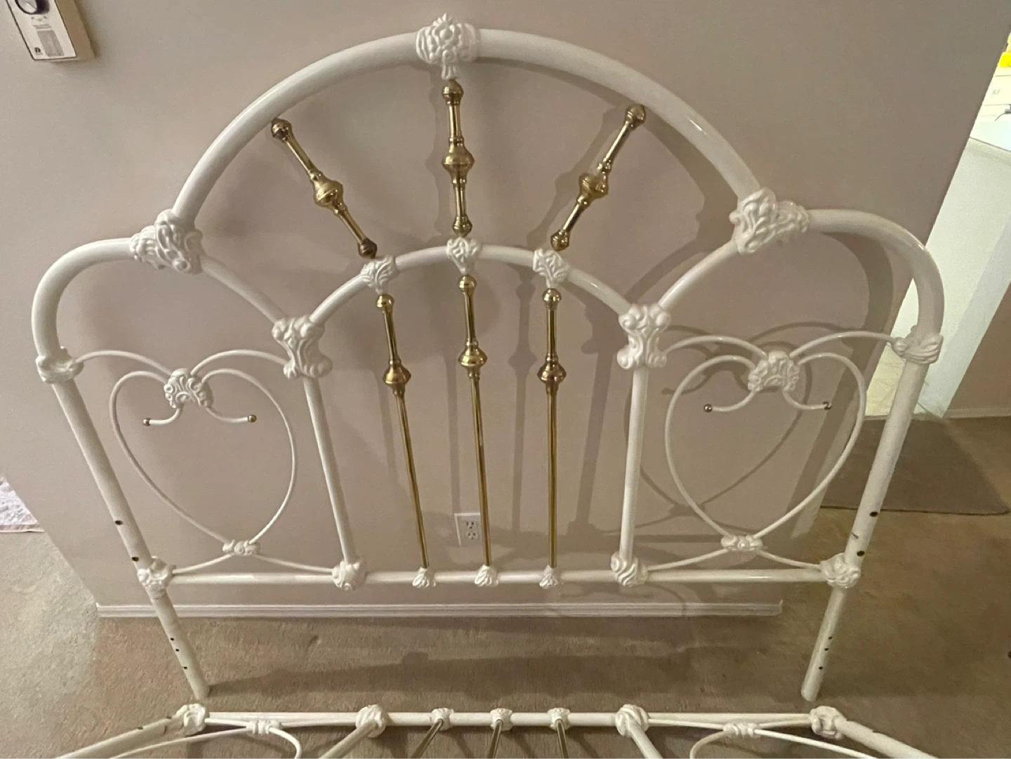Queen - White Metal Bed Frame with Gold Accents