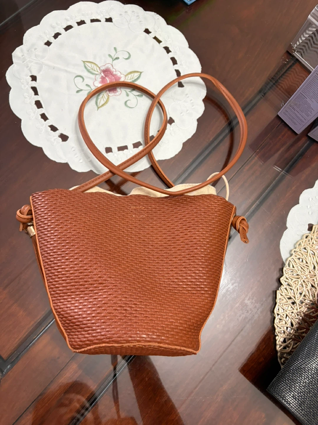 Brown Faux Leather Bucket Bag with Drawstring