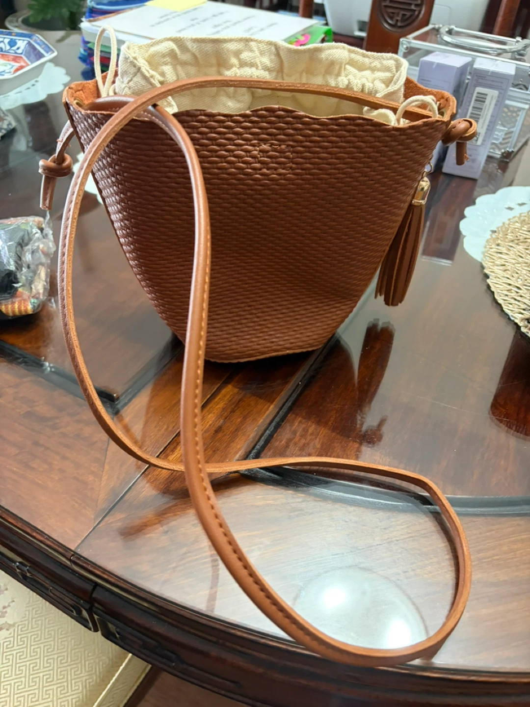 Brown Faux Leather Bucket Bag with Drawstring - photo 2