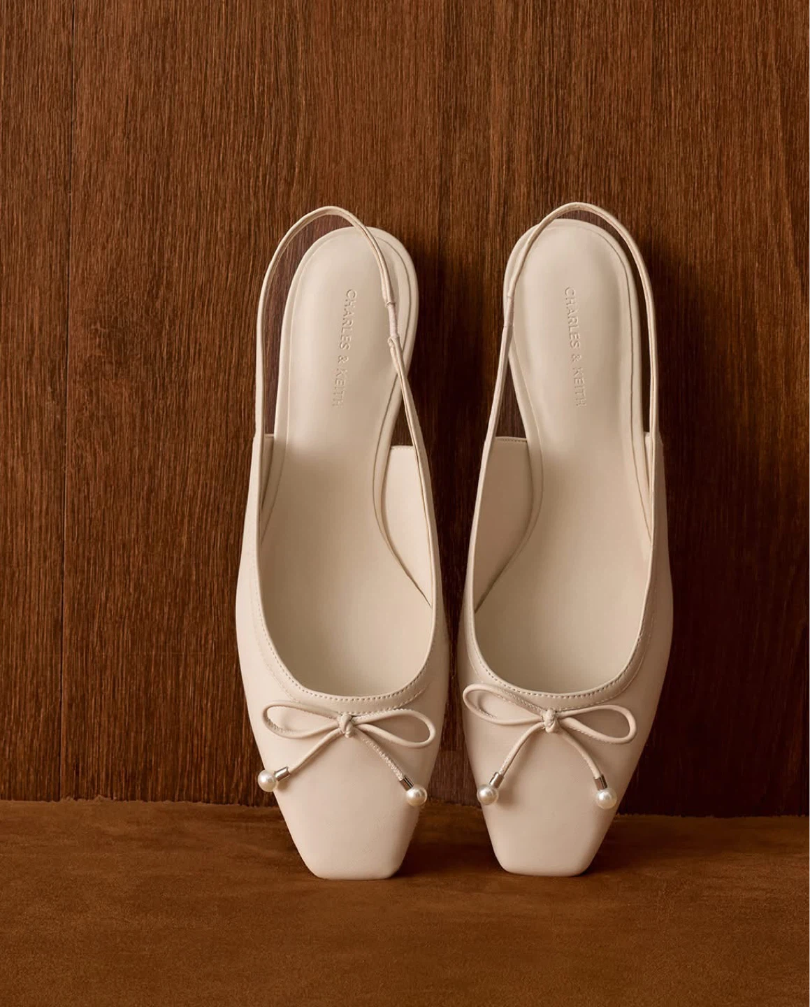 Charles & Keith Cream Slingback Ballet Flats with Bow Detail