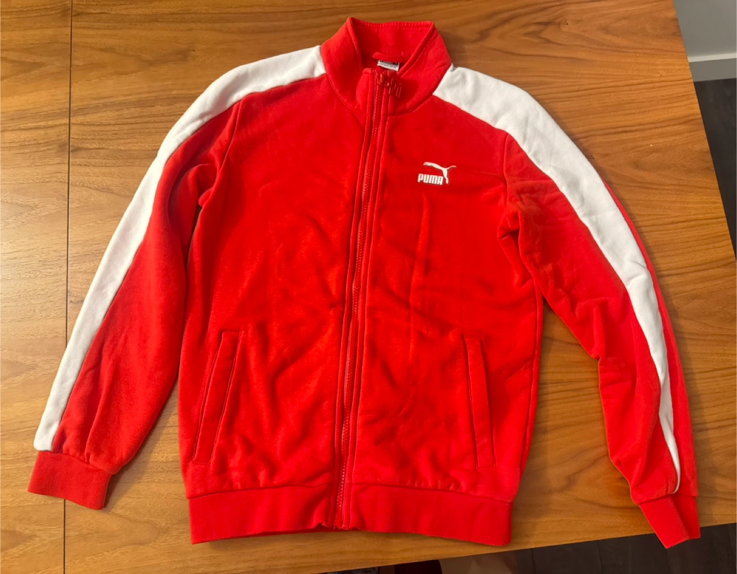 Puma Red Velour Track Jacket with White Stripes - Boys Size L/G