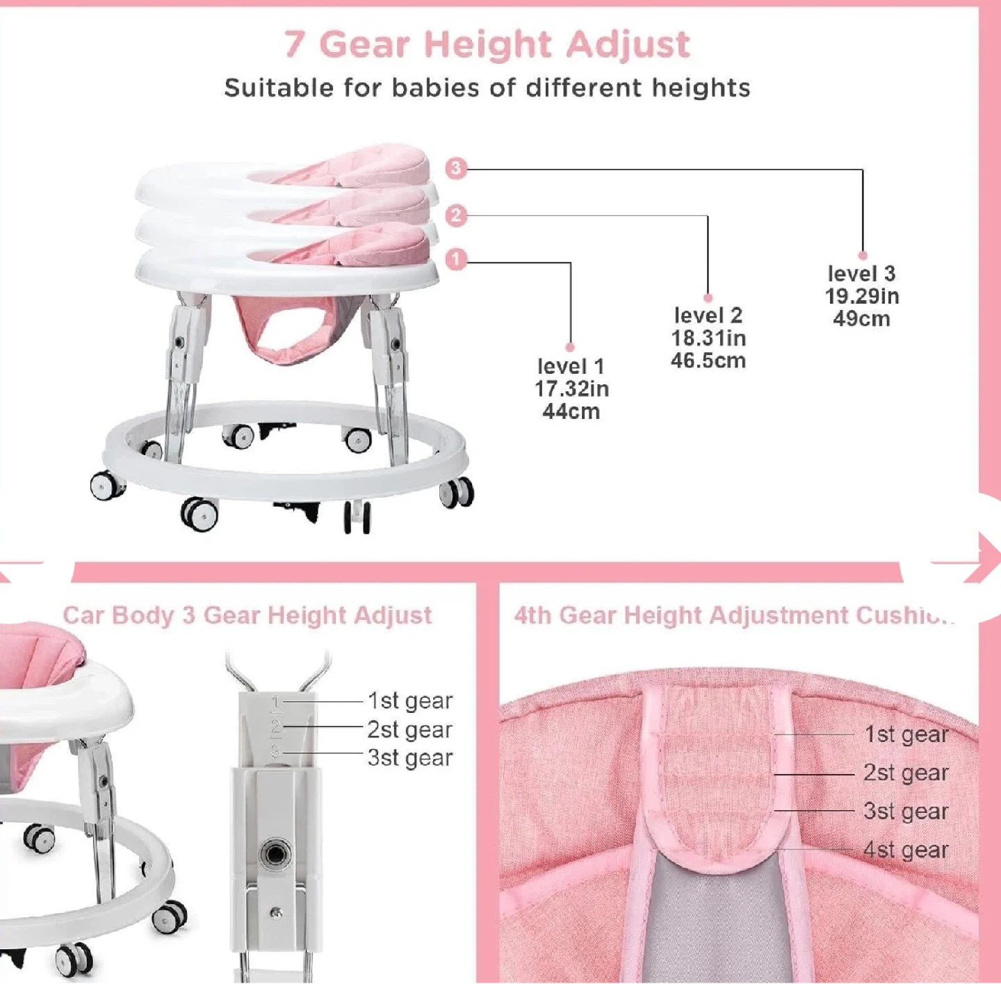 Baby Walker with 7 Gear Height Adjust - Pink - photo 2