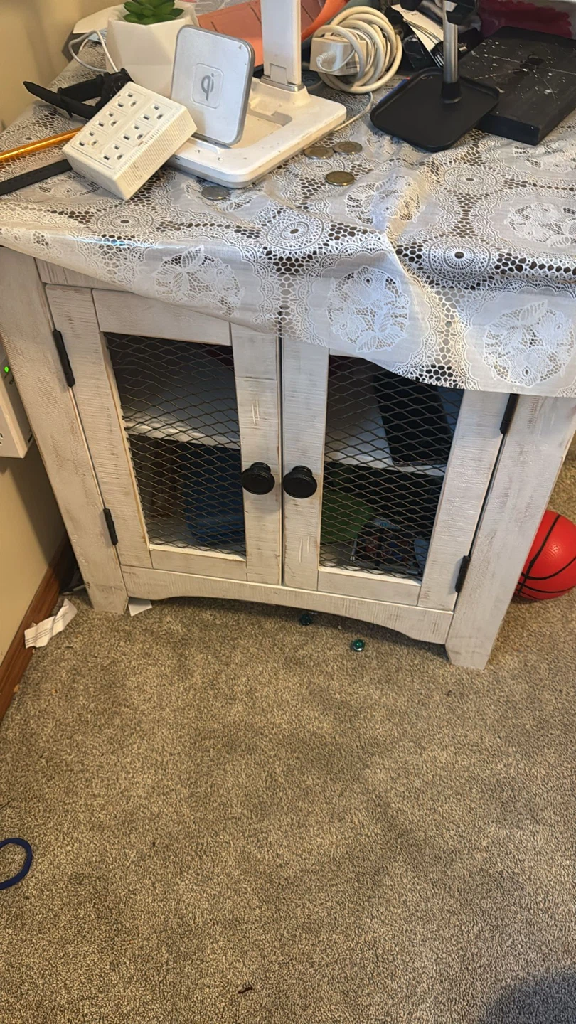 Distressed White Accent Cabinet with Mesh Doors