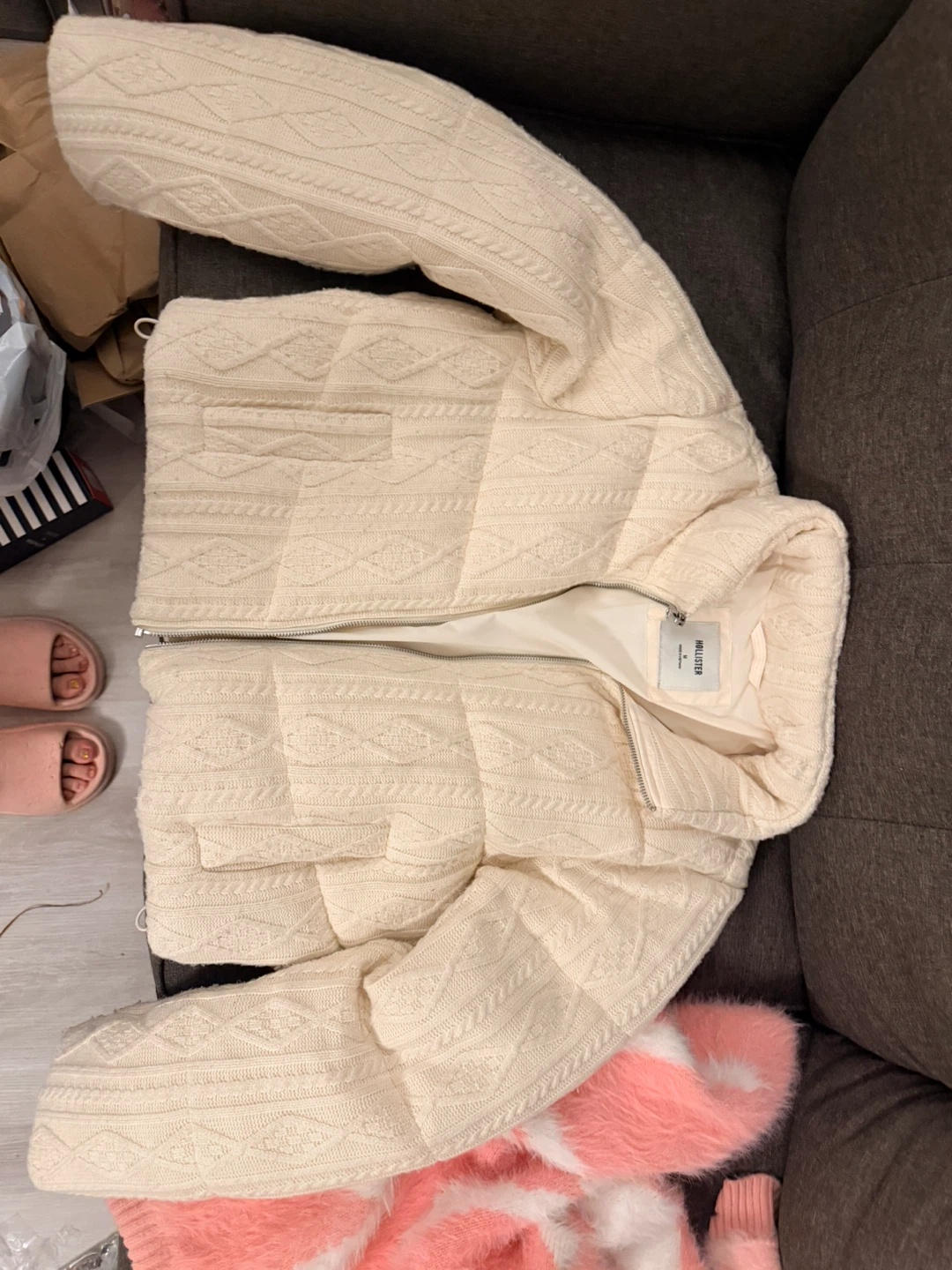 Hollister Cream Cable Knit Puffer Jacket