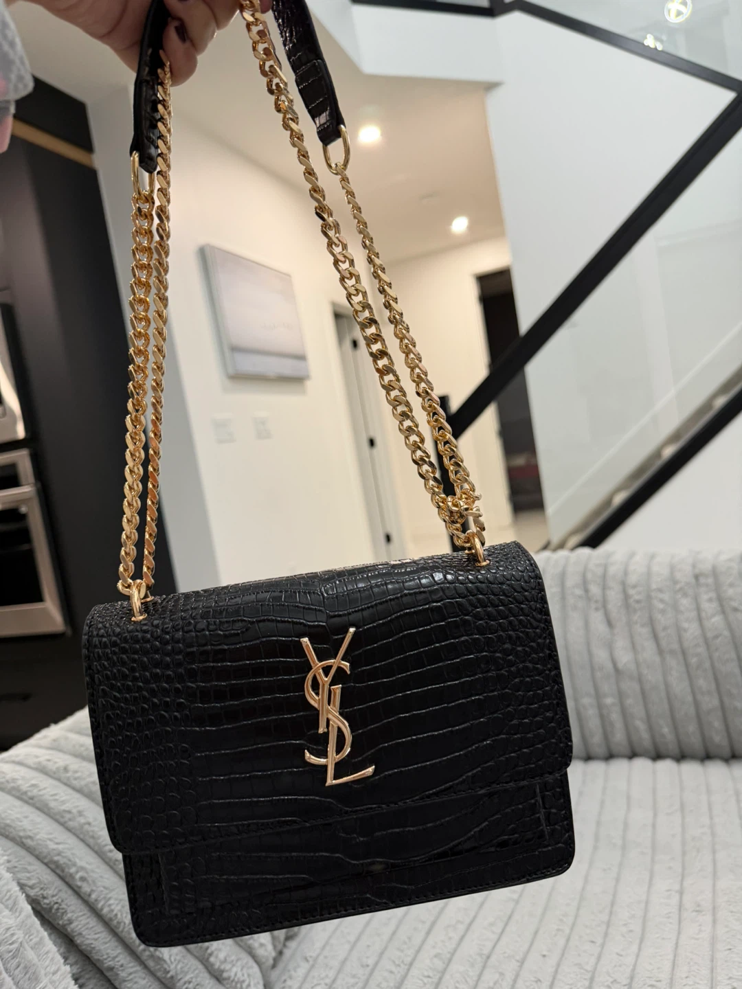 Saint Laurent Black Crocodile Embossed Chain Bag