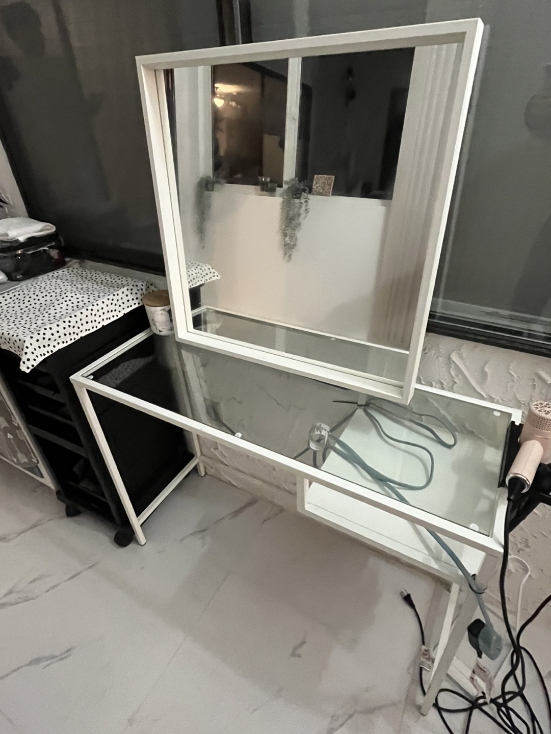 White Vanity Table with Mirror and Glass Top