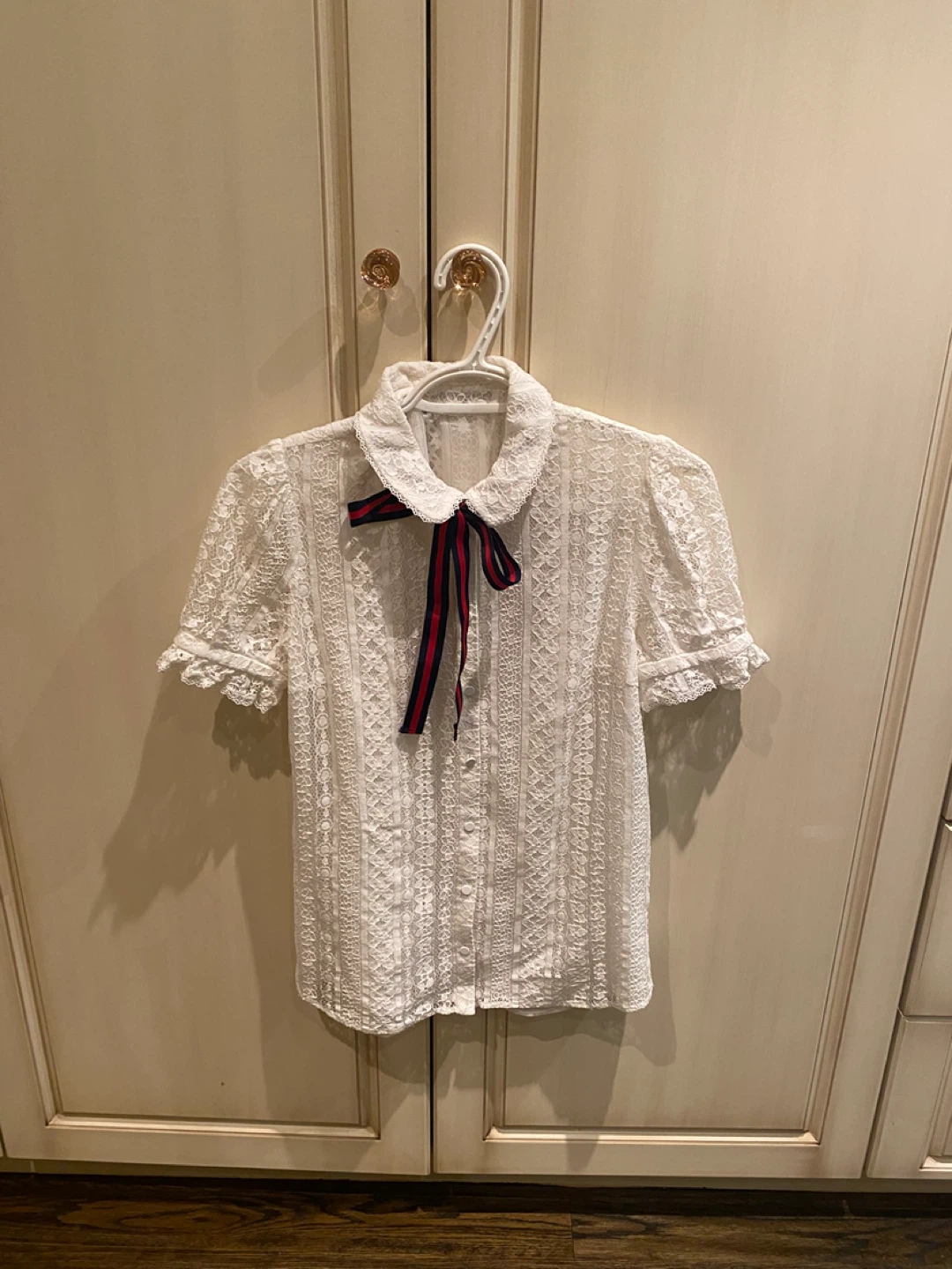 White Lace Short-Sleeve Blouse with Bow