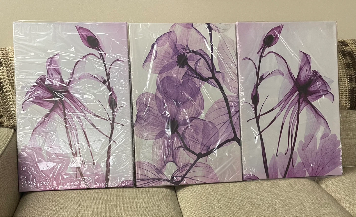 Brand New Set of 3 Floral Canvas Wall Art - Purple