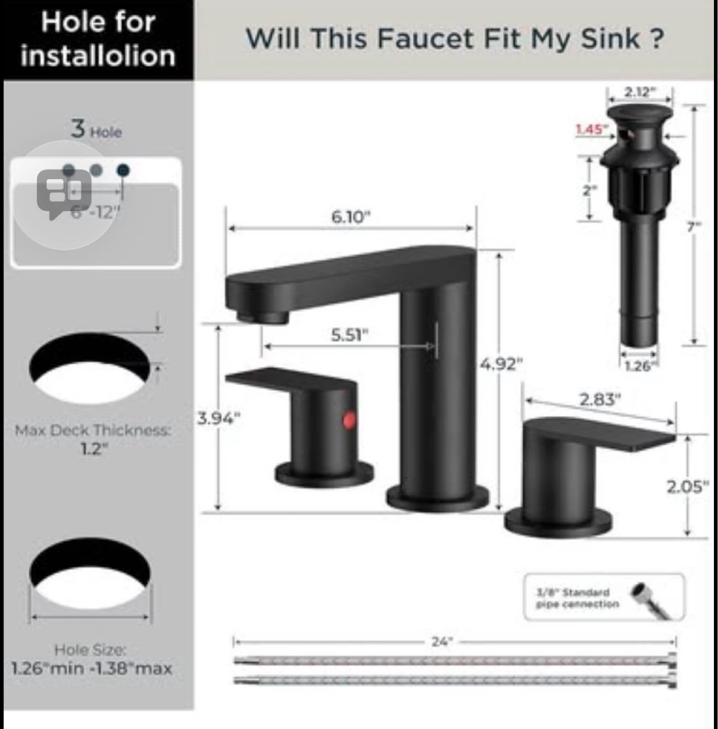 Black Two-Handle Bathroom Faucet with 3 Hole Design - photo 2