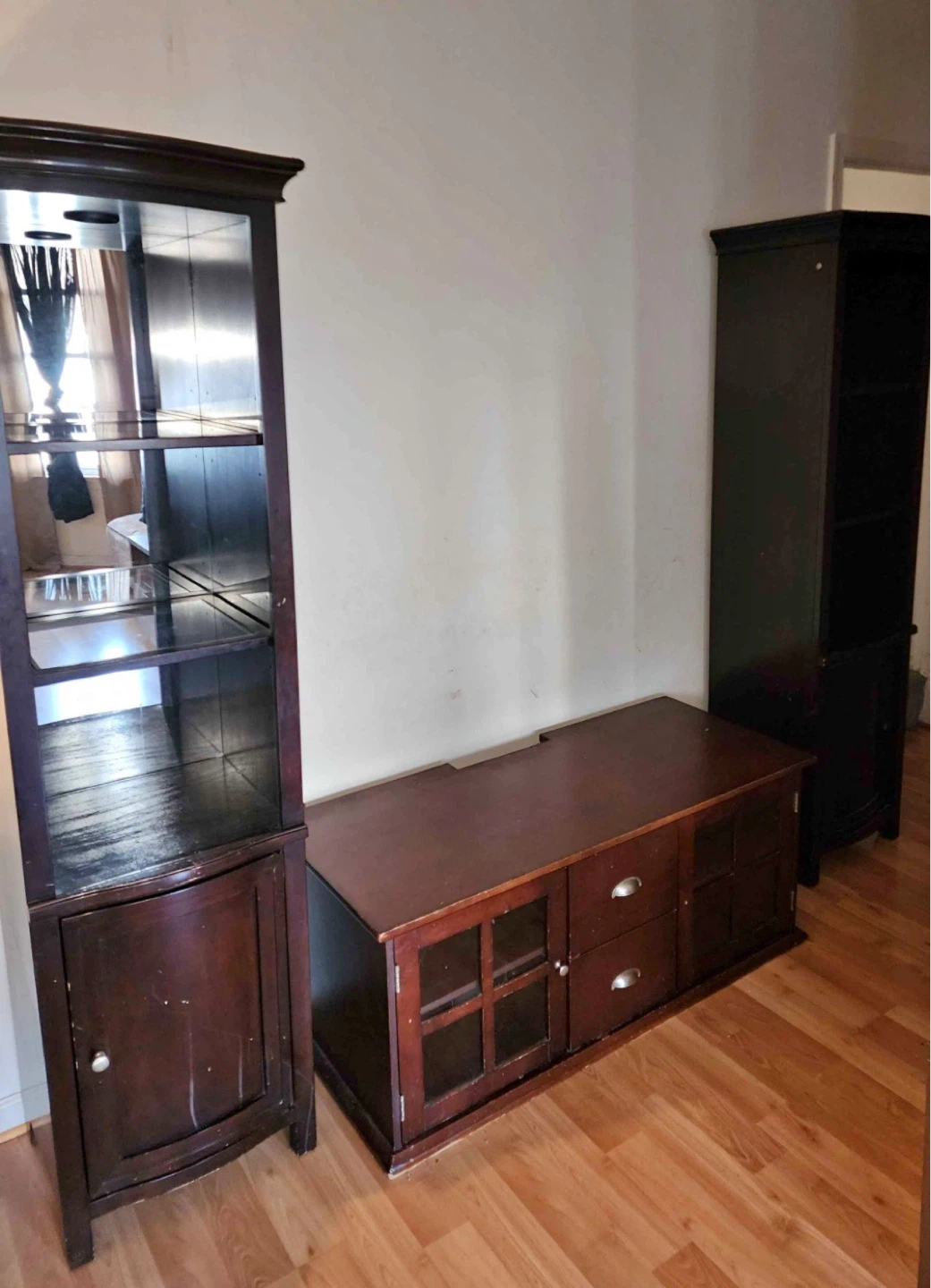 Dark Wood TV Stand and Curio Cabinet Set