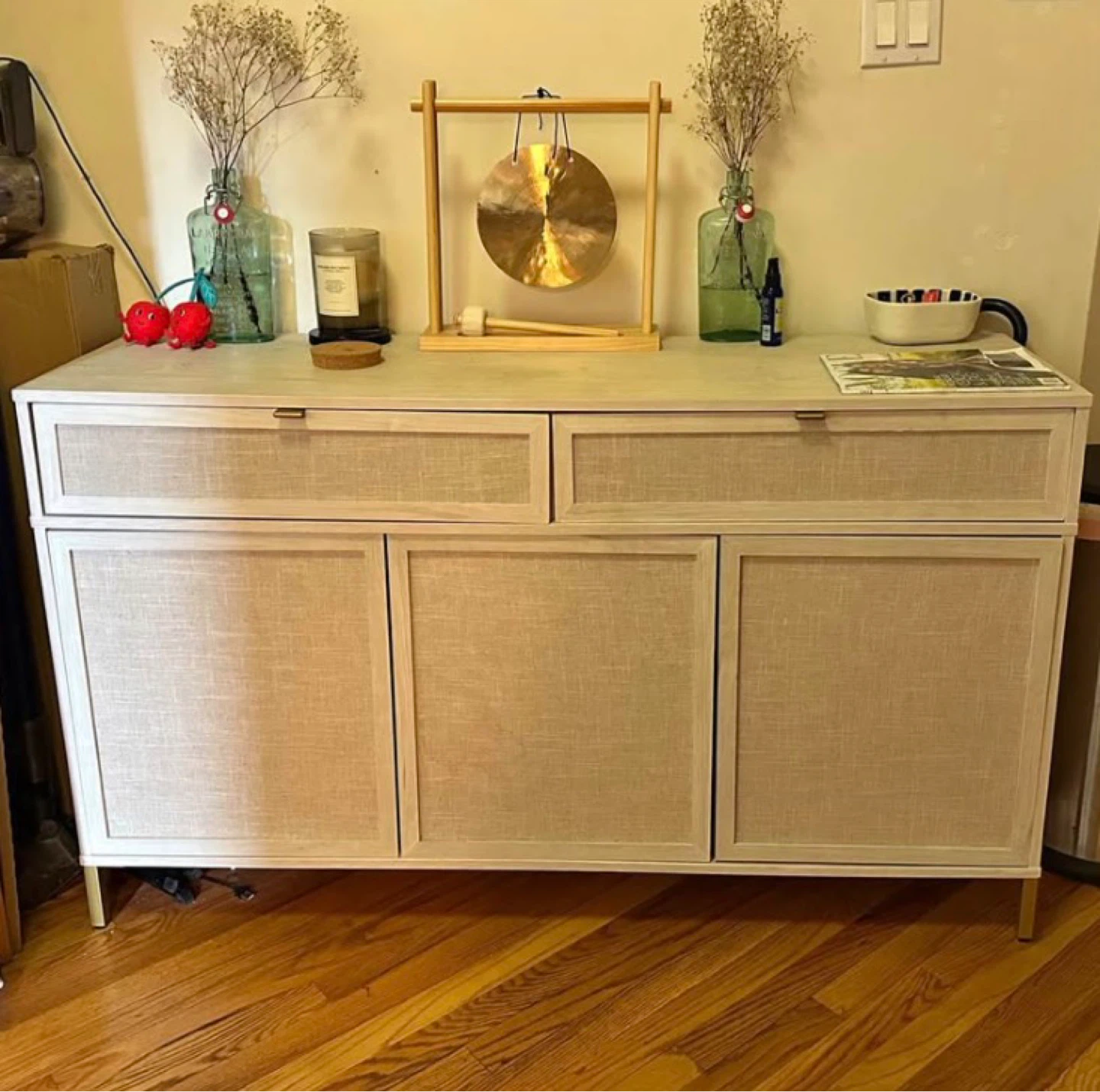 Light Wood and Woven Cabinet with 2 Drawers and 3 Doors