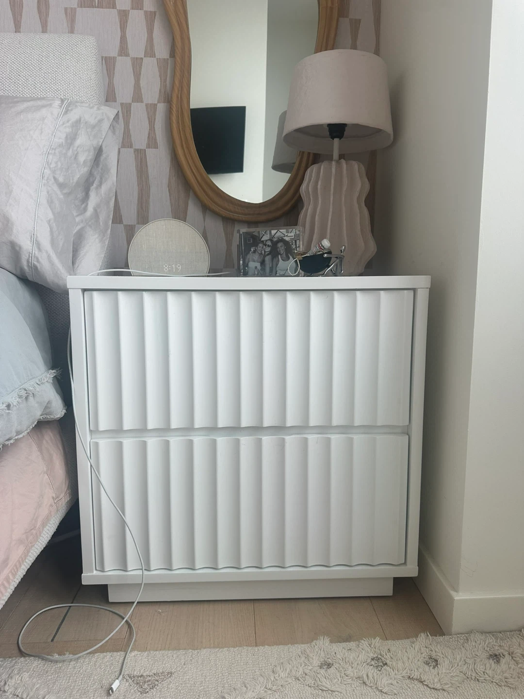 All modern White Fluted Nightstand with Two Drawers
